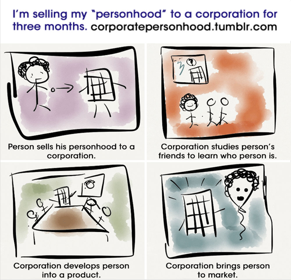 Kenyatta Cheese's Tumblr post 'I'm selling my personhood to a corporation for three months. [comic-style graphic] Person sells his personhood to a corporation. Corporation studies person's friends to learn who person is. Corporation develops person into a product. Corporation brings person to market.